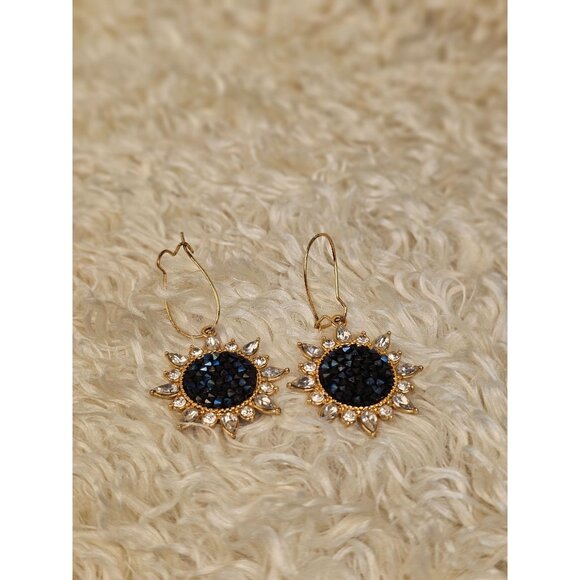 Gold-Tone Sunburst Drop Earrings With Black Crystals & Clear Rhinestones - Picture 4 of 5